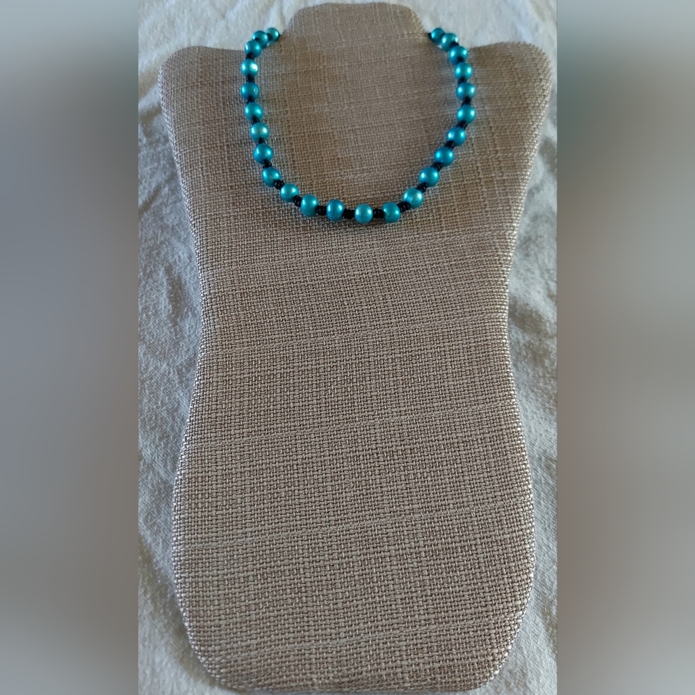 Handmade Black Leather And Turquoise Pearl Necklace